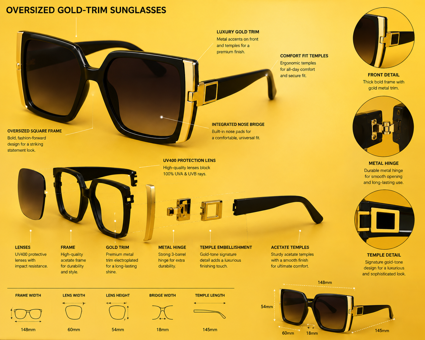 Oversized Gold-Trim Sunglasses
