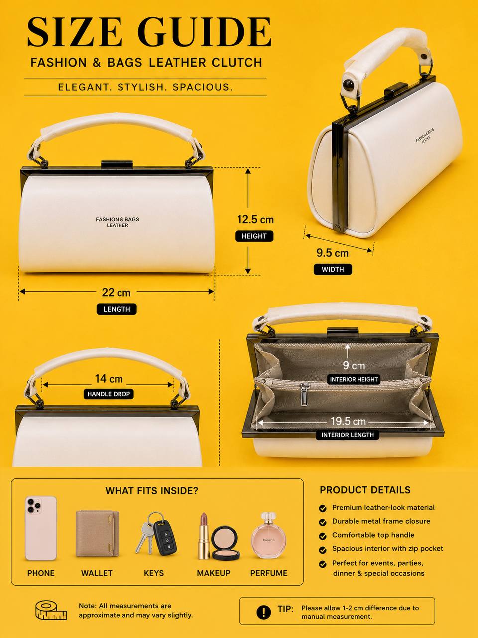 Size guide for IVORY LUXE FRAME CLUCTCH BAG
