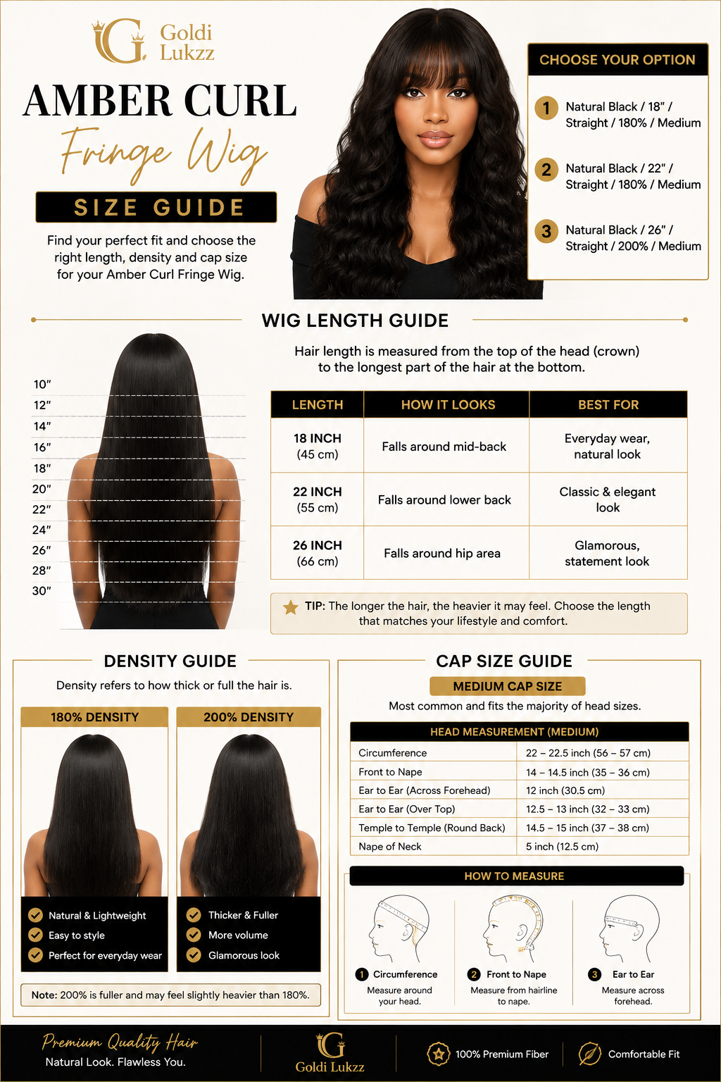 Size guide for Amber Curl Fringe Wig
