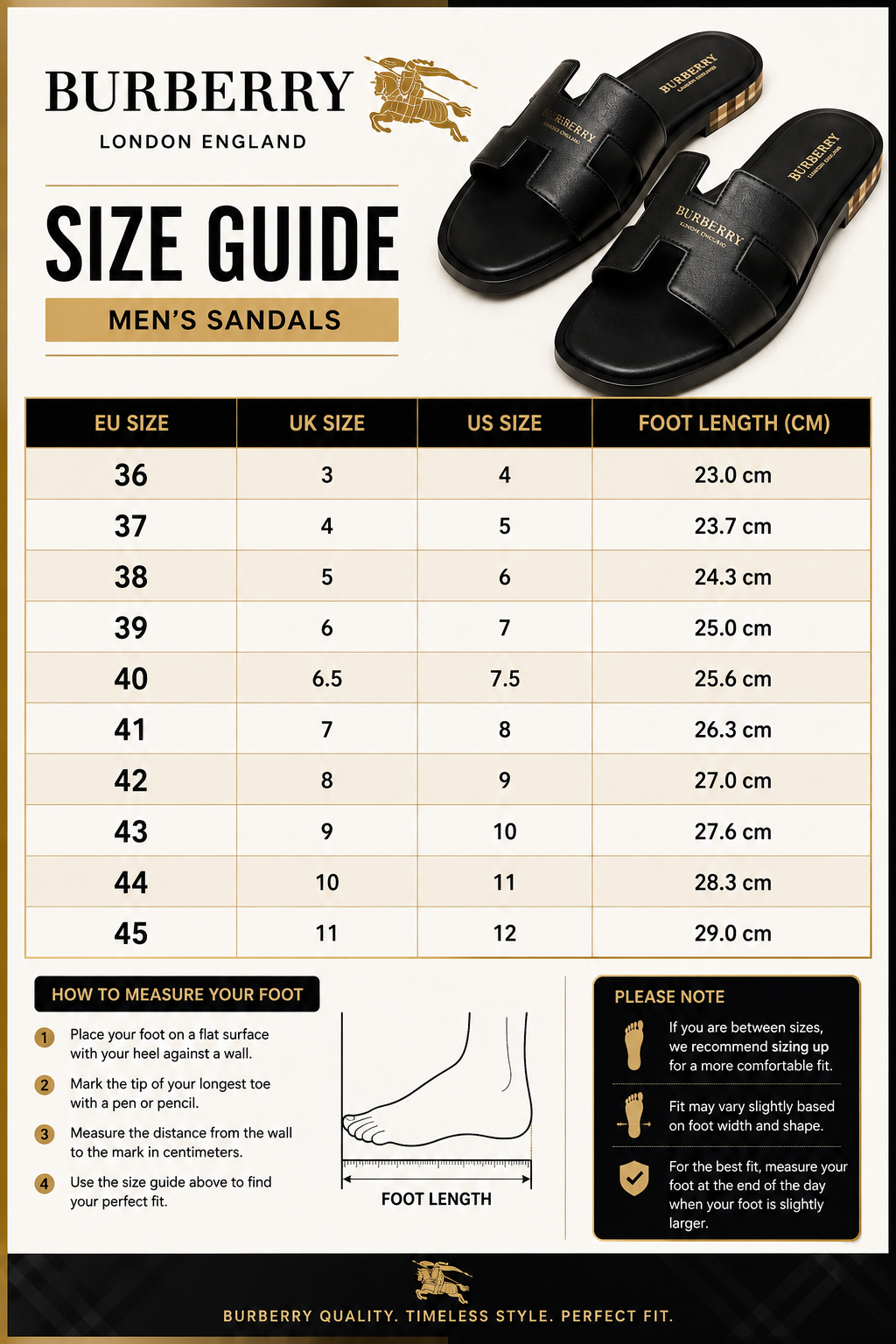 Size guide for Burberry London Leather Slide Sandals